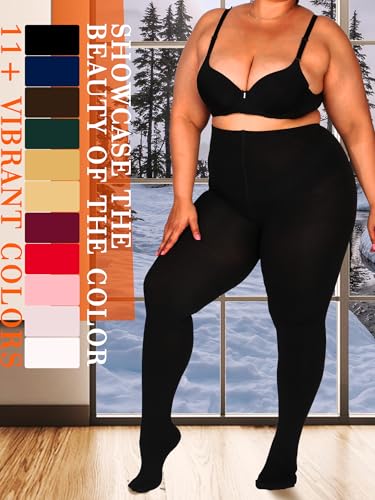 HONENNA Queen Plus Size Fleece Lined Tights, 11+ Colors Thermal Warm Winter Tights for Women, 1 Pair Black 3X-4X - Image 4