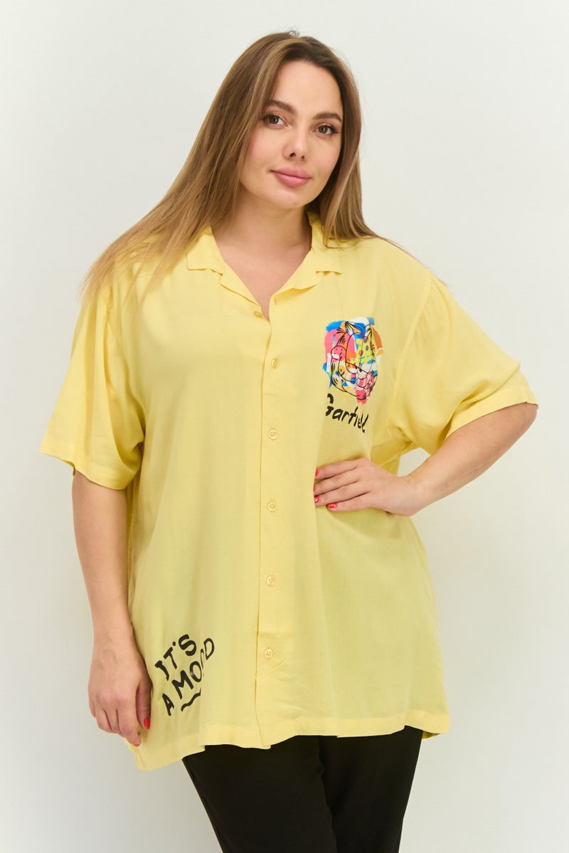 nickelodeon Women Notched Collar Short Sleeve Graphic Blouse,  Mustard Combo - Image 1