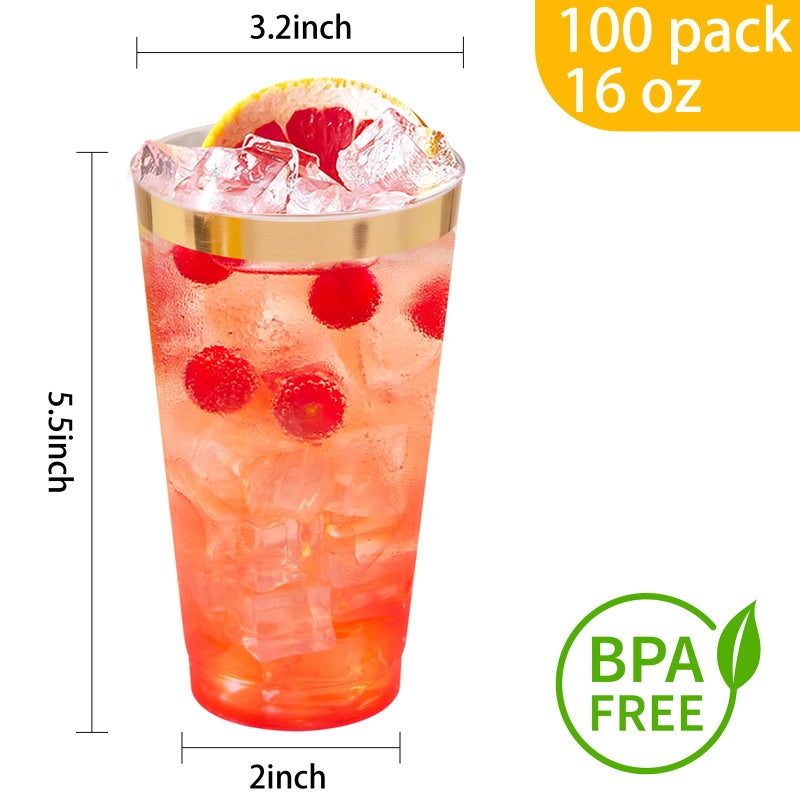 I00000 16 oz Gold Plastic Cups  100 Pack Clear Plastic Cups Tumblers Gold Rimmed Plastic Cups  Heavy-duty Plastic Disposable Cups Perfect for Halloween  Thanksgiving and Christmas Parties - Image 3