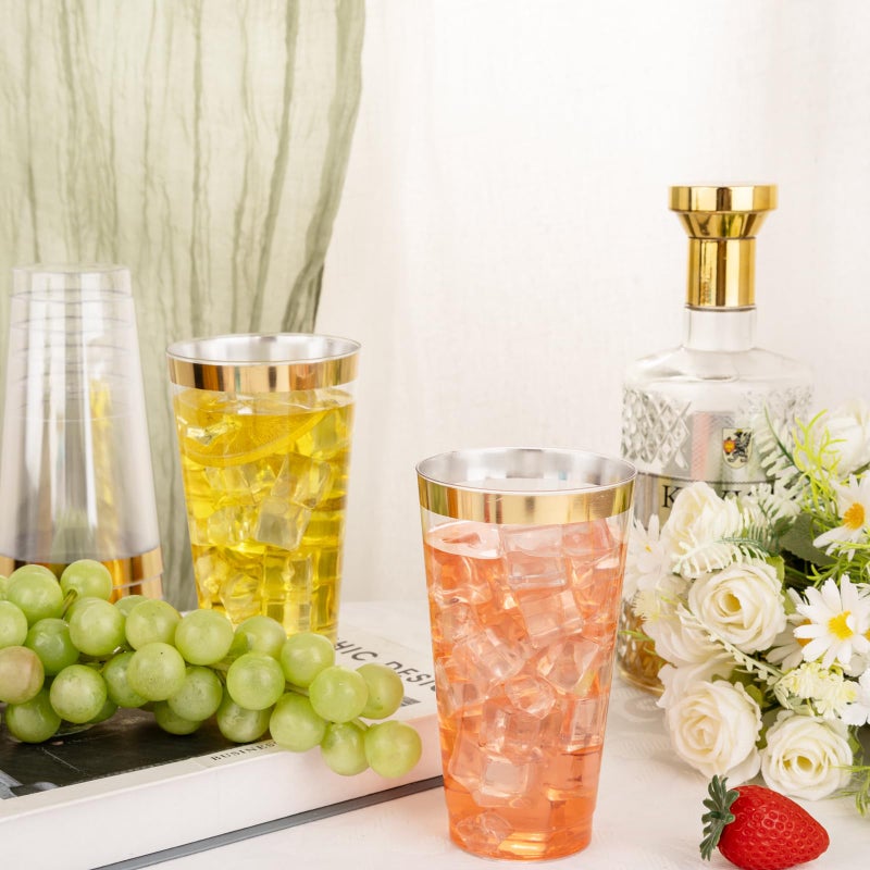 I00000 16 oz Gold Plastic Cups  100 Pack Clear Plastic Cups Tumblers Gold Rimmed Plastic Cups  Heavy-duty Plastic Disposable Cups Perfect for Halloween  Thanksgiving and Christmas Parties - Image 1
