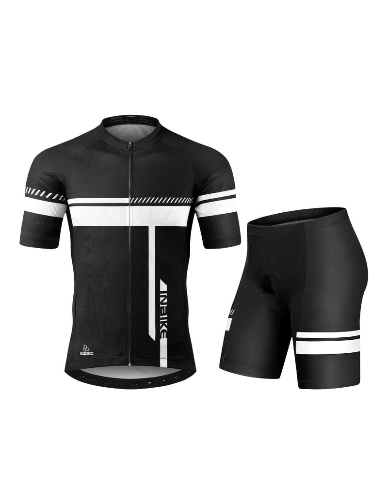 INBIKE Cycling Jersey Men Set Short Sleeve Bike Shirt Gel Padded Shorts for Summer Black XL - Image 1