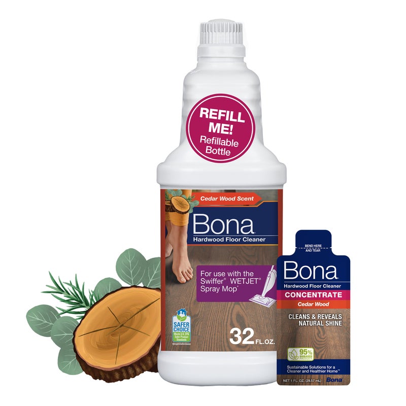 Bona Hardwood Floor Cleaner Bottle for use with Swiffer WETJET Spray Mop, Cedar Wood Scent, makes 64 Fl Oz - Includes Filled Bottle + Concentrate Refill for Wood Floor Cleaning - Image 1
