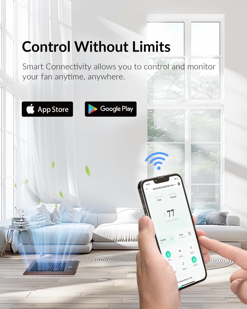 Howeall Super Quiet Register Booster Fan for 6" x 10" Register Holes, Smart Register Vent with Dual Intelligent Thermostat and WIFI App Control, Heating Cooling AC Vent Fan (ORB) - Image 3