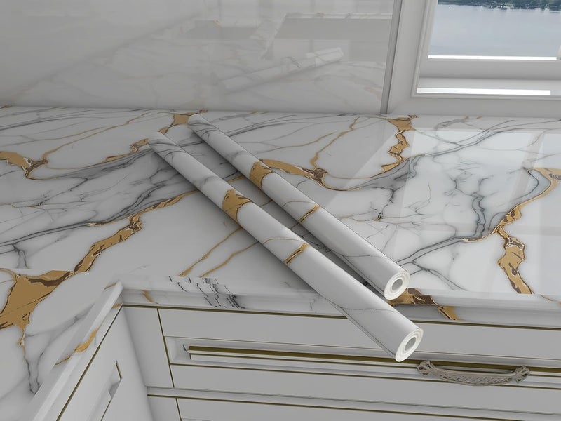 D-Fix ® Marble Peel and Stick Wallpaper for Home Decor, Waterproof Self-Adhesive Wall Stickers for Kitchen, Bathroom, Living Room – Wall Paper (60X200 CM (Golden Line Grey) - Image 1