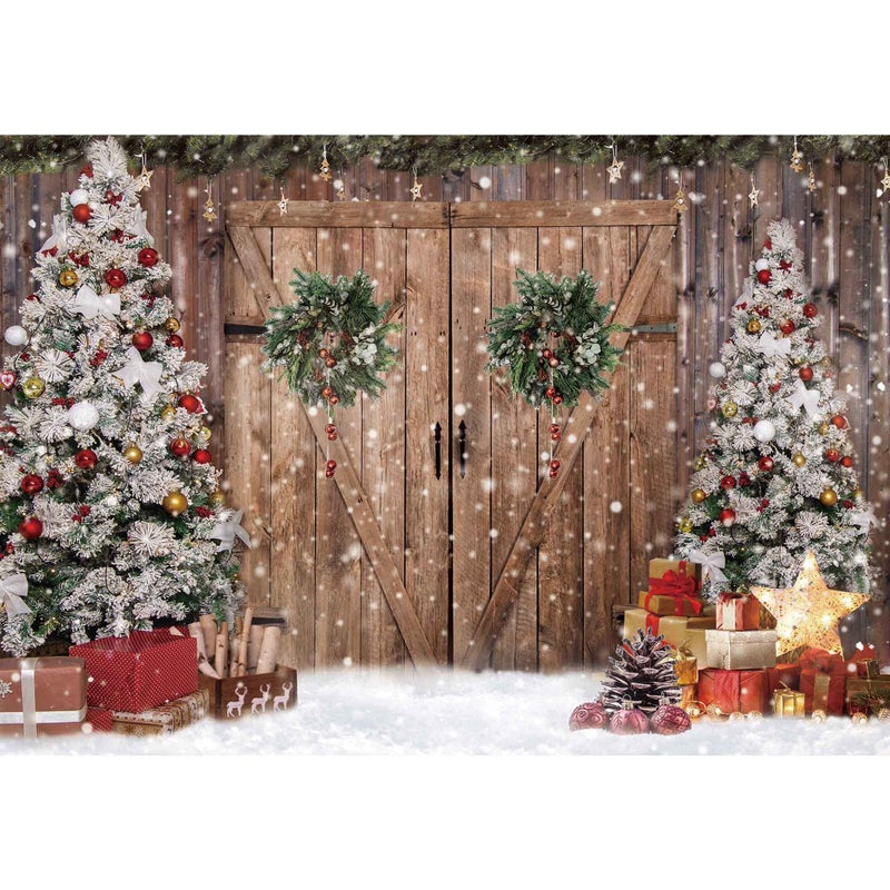 Felortte 7x5FT Polyester Fabric Winter Christmas Rustic Barn Wood Door Photography Backdrop Xmas Tree Snow Background Banner for Family Holiday Party Decoration Supplies Photo Studio Props Pictures - Image 1