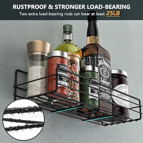 Homeor Multipurpose Self Adhesive Shelf for Bathroom/Kitchen Wall Mounted Rack Shelf with Magic Sticker Bathroom Organizer Without Drill, Pack of 1, Black Powder Coated - Image 2