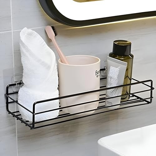 Homeor Multipurpose Self Adhesive Shelf for Bathroom/Kitchen Wall Mounted Rack Shelf with Magic Sticker Bathroom Organizer Without Drill, Pack of 1, Black Powder Coated - Image 1