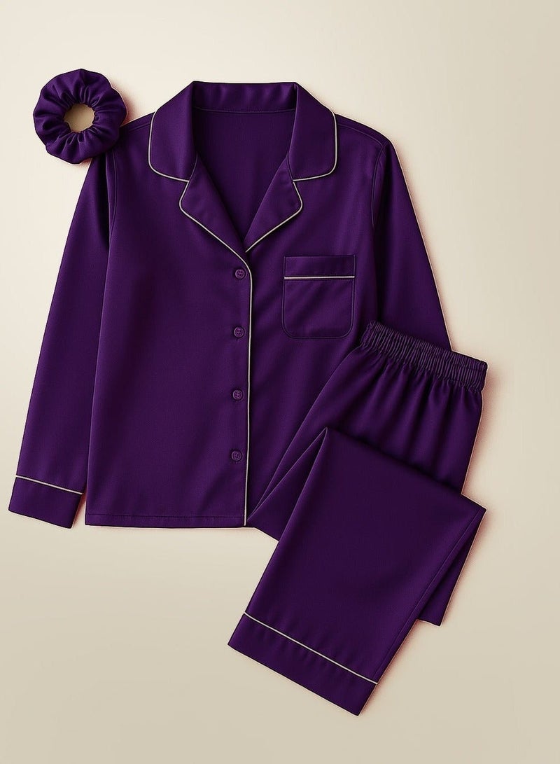 Silk N Love Pack of 3 - Shirt Top + Pant Trouser + Scrunchie Headband - Purple Plain Pajama Set for Ladies Women Clothes Girls Night Wearing Nighty Nightwear Sleepwear Lingerie Dress Pyjama Set - Image 2
