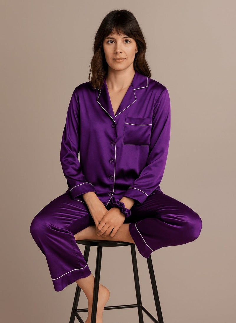 Silk N Love Pack of 3 - Shirt Top + Pant Trouser + Scrunchie Headband - Purple Plain Pajama Set for Ladies Women Clothes Girls Night Wearing Nighty Nightwear Sleepwear Lingerie Dress Pyjama Set - Image 1