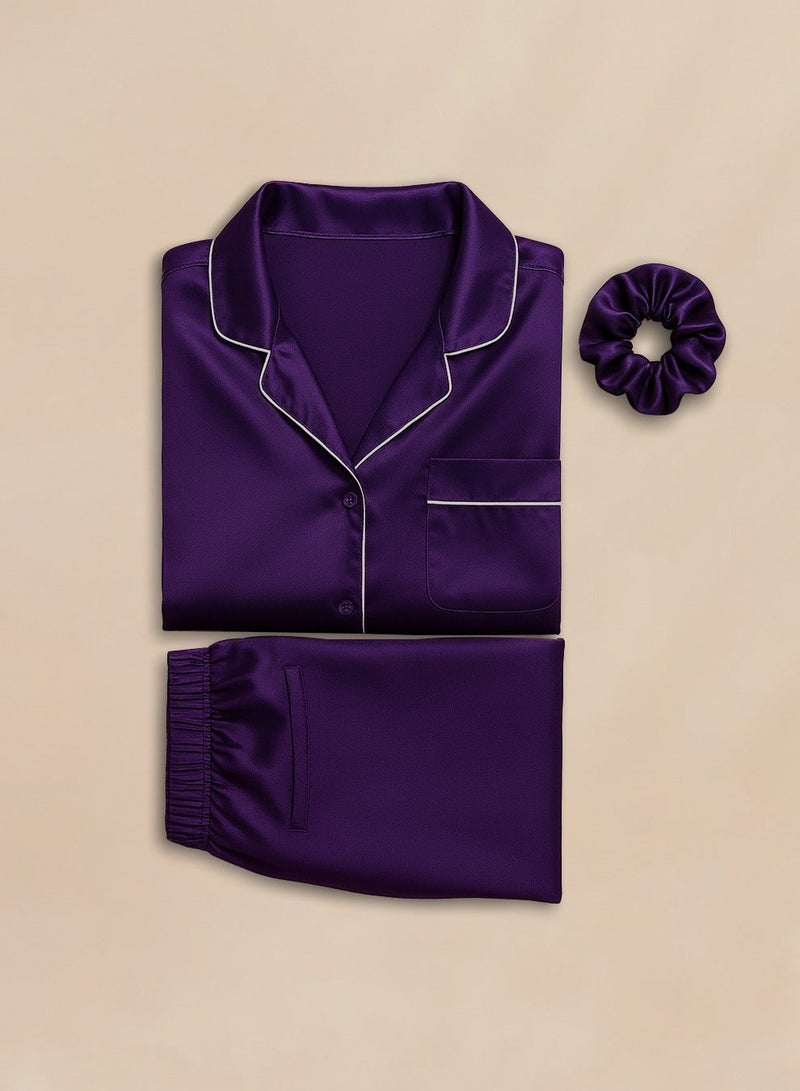 Silk N Love Pack of 3 - Shirt Top + Pant Trouser + Scrunchie Headband - Purple Plain Pajama Set for Ladies Women Clothes Girls Night Wearing Nighty Nightwear Sleepwear Lingerie Dress Pyjama Set - Image 3