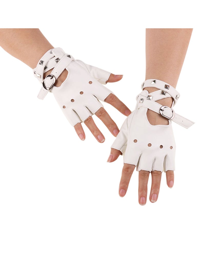 Women Girls Fingerless Gloves ,PU Leather Biker Punk Gloves with Belt Up Closure and Rivet Design（White）  - Image 1