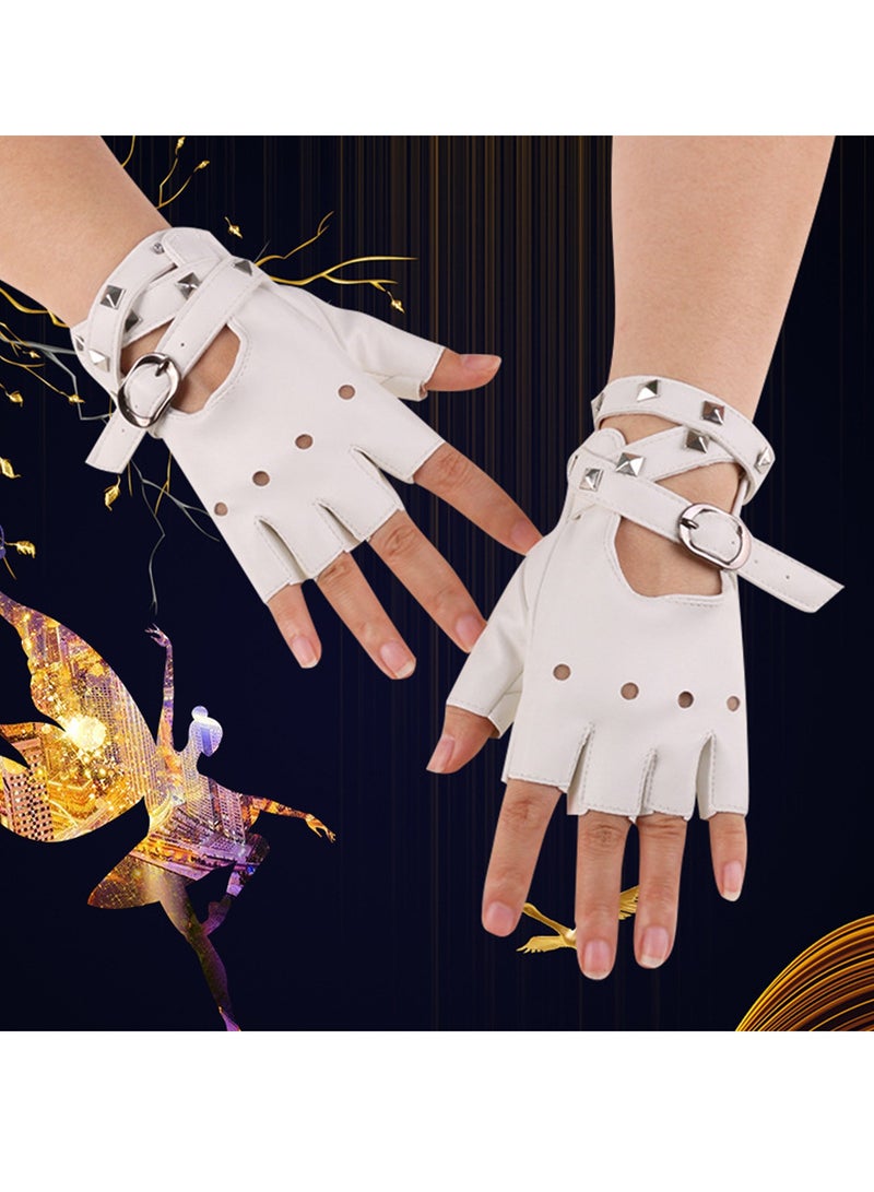 Women Girls Fingerless Gloves ,PU Leather Biker Punk Gloves with Belt Up Closure and Rivet Design（White）  - Image 2