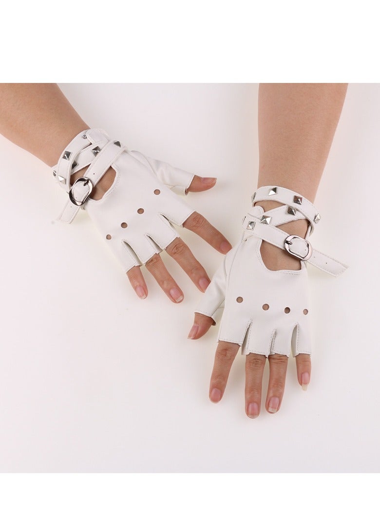 Women Girls Fingerless Gloves ,PU Leather Biker Punk Gloves with Belt Up Closure and Rivet Design（White）  - Image 3
