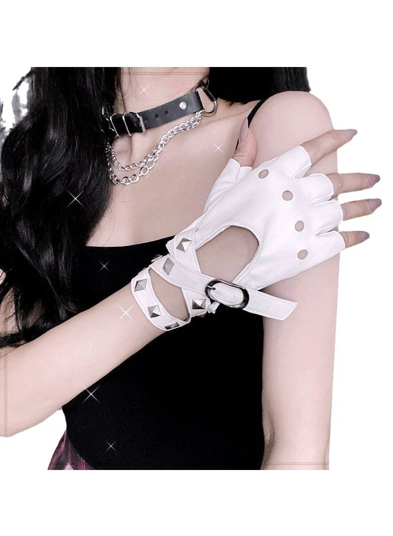 Women Girls Fingerless Gloves ,PU Leather Biker Punk Gloves with Belt Up Closure and Rivet Design（White）  - Image 4