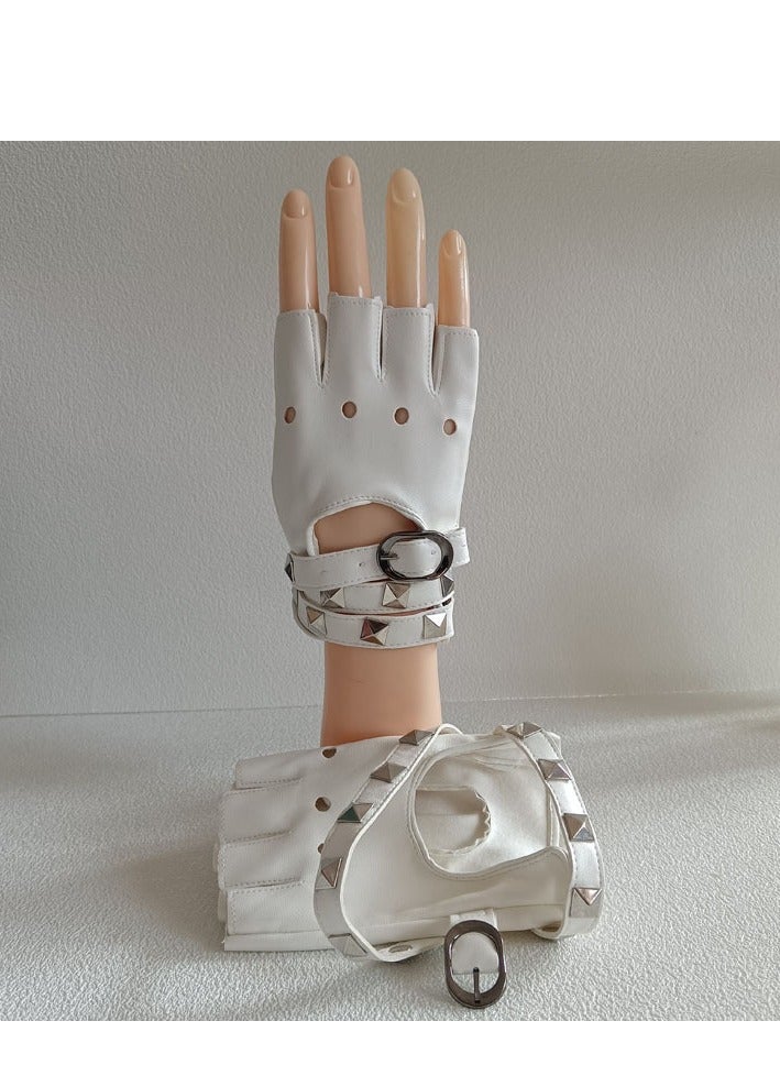 Women Girls Fingerless Gloves ,PU Leather Biker Punk Gloves with Belt Up Closure and Rivet Design（White）  - Image 5