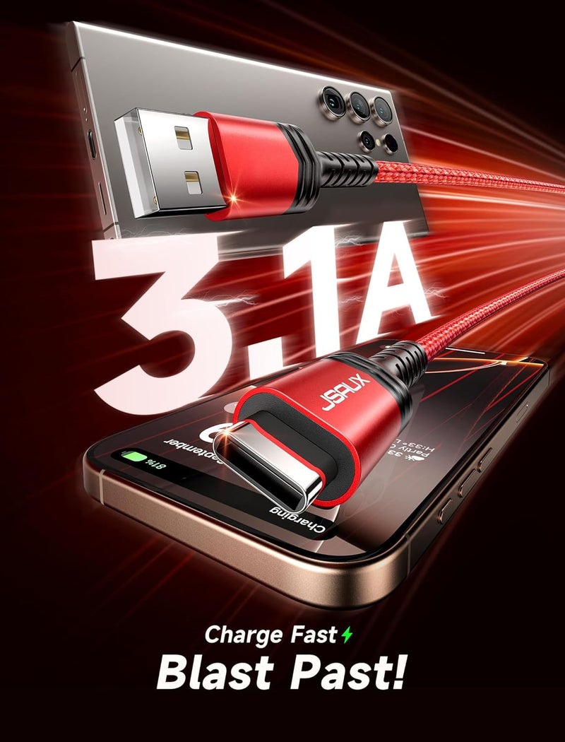 jsaux USB Type C Cable [2-Pack 2M], USB C to USB A Cable 3.1A Fast Charging Cord Compatible with iPhone 16/16 Plus/16 Pro Max/15/15 Pro Max, Samsung Galaxy S20 S10 S9 S8 A51, Note 20 10, LG-Red - Image 3
