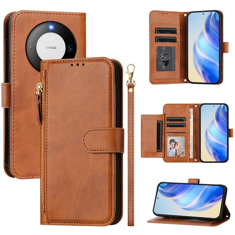 HuHa Protective Cover For Huawei Mate 60 Pro / Mate 60 Pro+ Multi-Card Slots Zipper Wallet Leather Phone Case(Brown) - Image 1