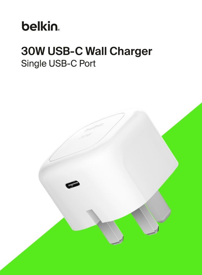 belkin BoostCharge Compact Wall Charger 30W, Travel-friendly USB-C Power Delivery Fast Charging for Apple iPhone Series 15, 14, 13, Samsung Galaxy S24, S23, iPad, AirPods, Tablet & More - White White - Image 1
