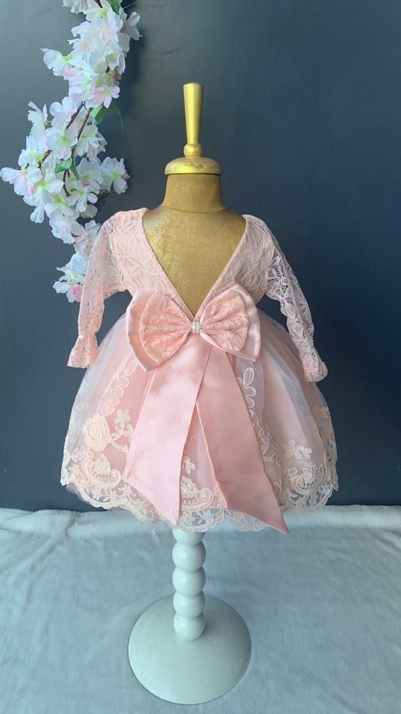 Furya Baby Girl 0-6 Months Wedding Dress 4 Piece Mawlud Set Long Sleeve Lace Premium Mawlud Dress - Image 1