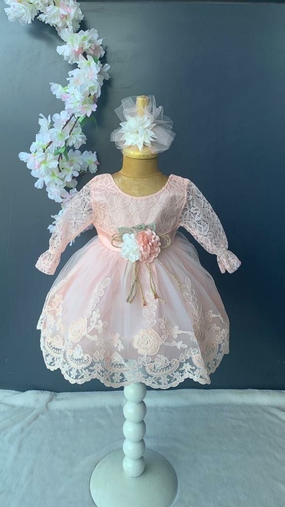 Furya Baby Girl 0-6 Months Wedding Dress 4 Piece Mawlud Set Long Sleeve Lace Premium Mawlud Dress - Image 2