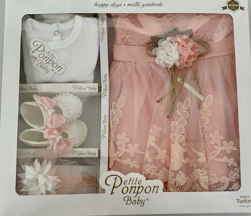 Furya Baby Girl 0-6 Months Wedding Dress 4 Piece Mawlud Set Long Sleeve Lace Premium Mawlud Dress - Image 3