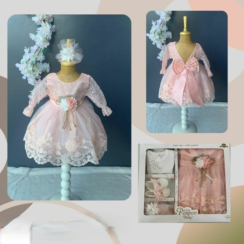 Furya Baby Girl 0-6 Months Wedding Dress 4 Piece Mawlud Set Long Sleeve Lace Premium Mawlud Dress - Image 4