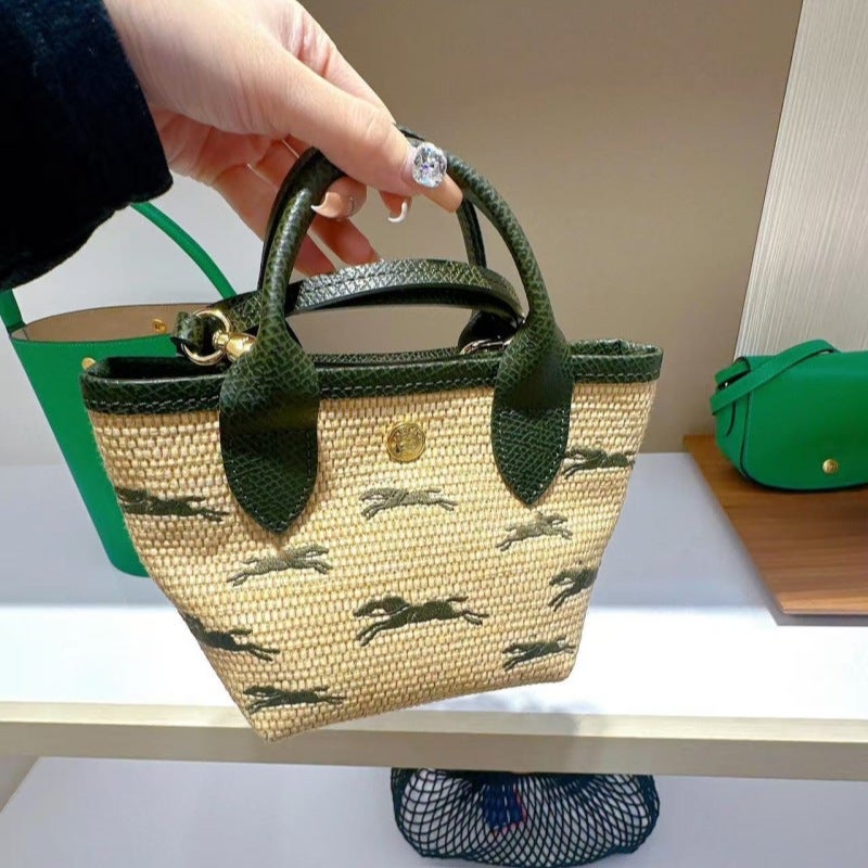 Mini Straw Weave Shoulder Bag, Crossbody, Handheld, Color-Block Design - Image 3