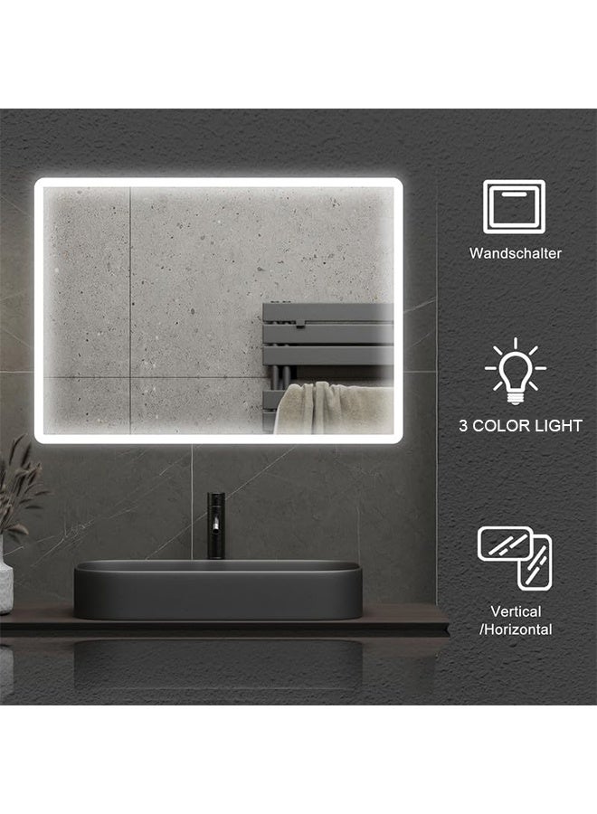 تايمي مرآة حائط 90×70 سم - مرآة بتصميم أنيق مع 3 مستويات إضاءة جانبية - مرآة مكياج لغرفة الملابس وغرفة المعيشة والكونسول والمدخل - Image 5