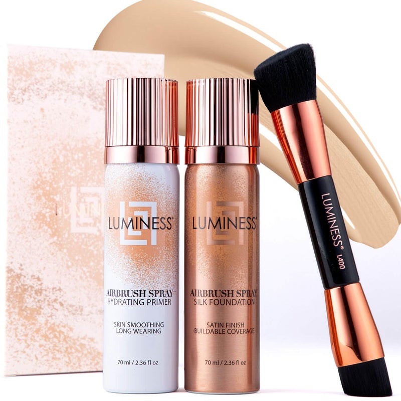 LUMINESS Airbrush Spray Silk Foundation Starter Kit - Fair Light - Foundation, Primer & Dual-Sided Angled Buffing Brush - Medium, Buildable Coverage, Anti-Aging Formula Hydrates & Moisturizes - Image 1