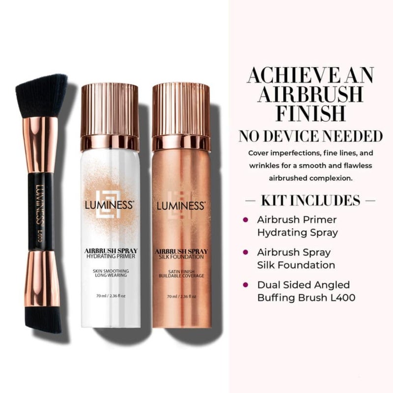 LUMINESS Airbrush Spray Silk Foundation Starter Kit - Fair Light - Foundation, Primer & Dual-Sided Angled Buffing Brush - Medium, Buildable Coverage, Anti-Aging Formula Hydrates & Moisturizes - Image 4
