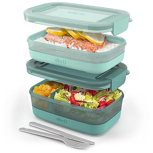 Ello 2-Pack Lunch Stack Plastic Food Storage Container Bento Box with Airtight, Leak-Proof Locking Plastic Lids and Silicone Base, BPA-Free, Freezer, Microwave, and Dishwasher Safe, Mint Chip - Image 1