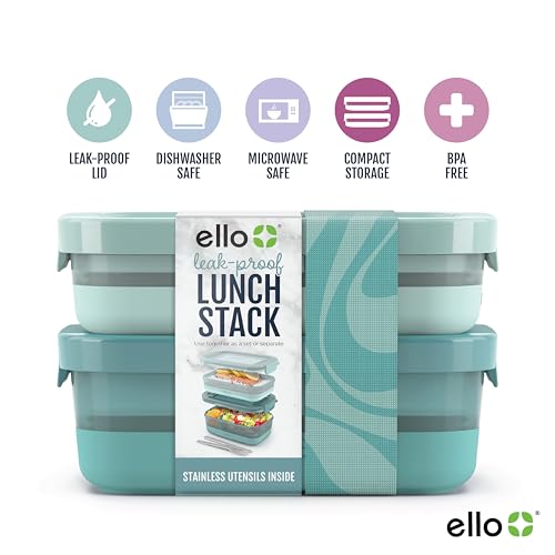 Ello 2-Pack Lunch Stack Plastic Food Storage Container Bento Box with Airtight, Leak-Proof Locking Plastic Lids and Silicone Base, BPA-Free, Freezer, Microwave, and Dishwasher Safe, Mint Chip - Image 2
