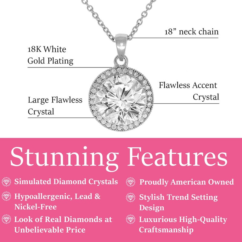 Cate & Chloe Mariah 18k White Gold Halo Pendant Necklace with Round Cut Simulated Diamond Crystals, Elegant Jewelry for Women, Gift for Her - Image 2