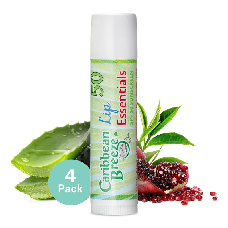 Caribbean Breeze Lip Sunscreen Chapstick Essentials, Sunscreen Lip Balm SPF 50 with Green Tea, Pomegranate, and Aloe Extracts, 0.15 oz, Pack of 4