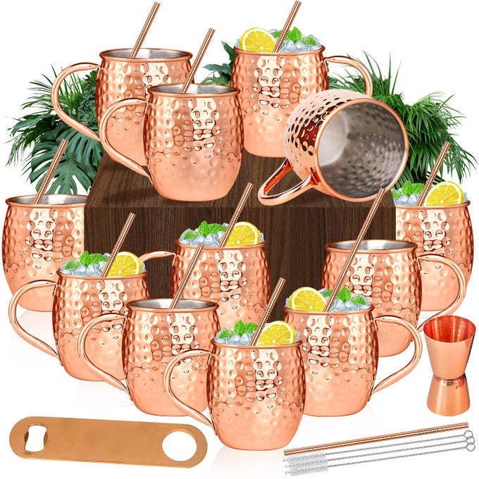 MOSCOW MULE COPPER MUGS MOSCOW MULE CUPS KIT 19OZ SET OF 12 WITH HANDLE LARGE COPPER HAMMERED PLATING CUPS WITH 05OZ DOUBLE JIGGER STAINLESS STEEL STRAWS SPOONS FOR COLD DRINKS COCKTAILS WINE