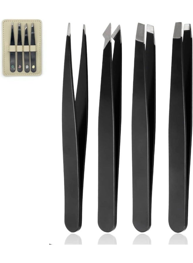 MOMENT 4 Pcs Tweezers Set With Leather Case Professional Stainless Steel Tweezers For Eyebrows Great Precision For Eyebrow, Ingrown Hair, Splinter, Facial Hair Removal Black - Image 1