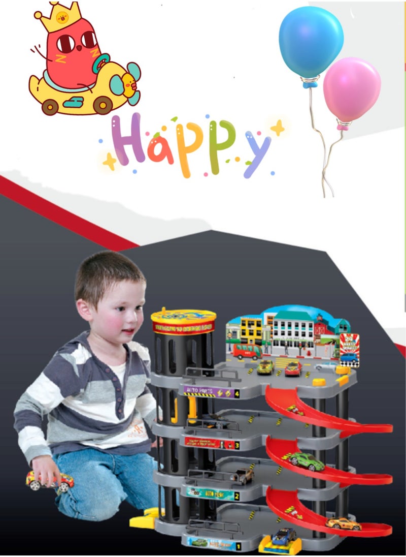 JoyousSto - 4 story Parking Garage Toy Playset, Race Car Ramp Track Toys Sets Garage Playset with 5 Little Alloy Cars Adventure Track - Image 1