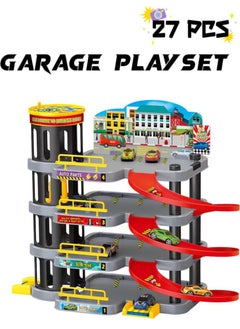 JoyousSto 4 story Parking Garage Toy Playset, Race Car Ramp Track Toys Sets Garage Playset with 5 Little Alloy Cars Adventure Track  - Image 1