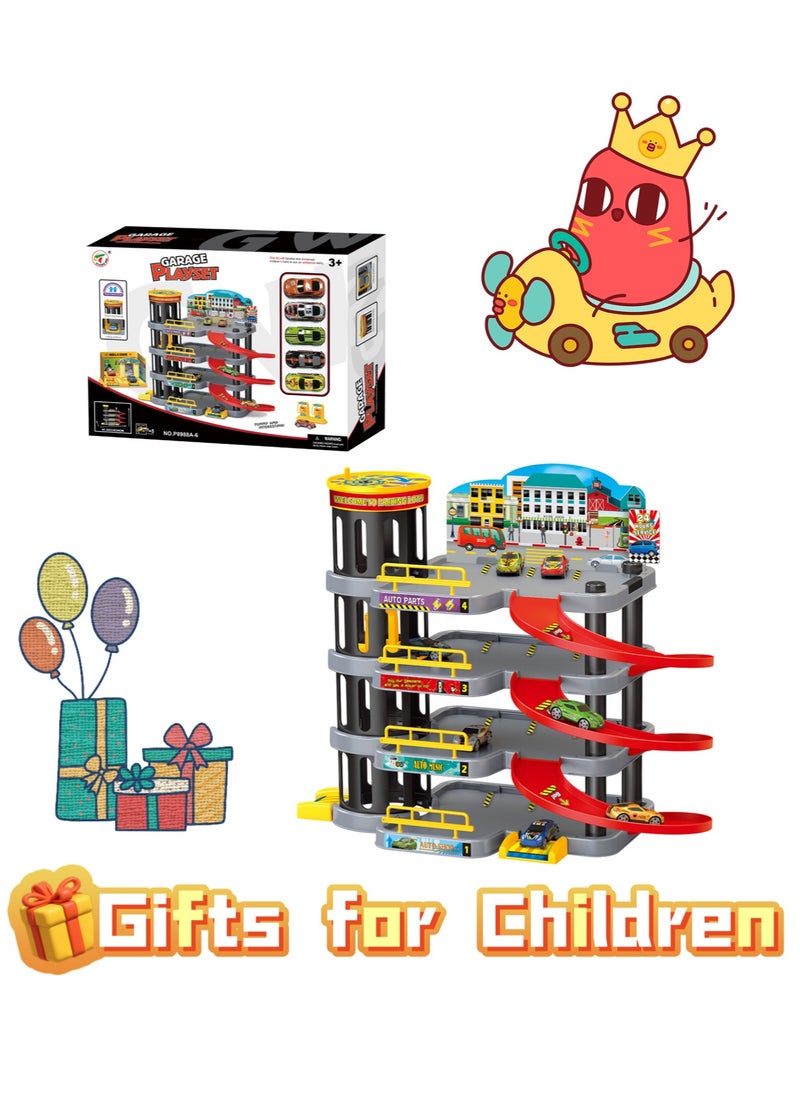 JoyousSto - 4 story Parking Garage Toy Playset, Race Car Ramp Track Toys Sets Garage Playset with 5 Little Alloy Cars Adventure Track - Image 1