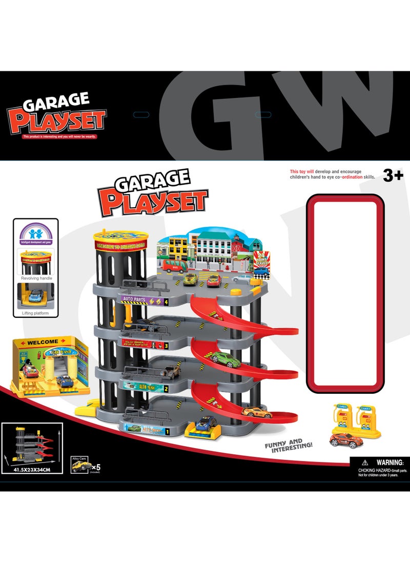 JoyousSto - 4 story Parking Garage Toy Playset, Race Car Ramp Track Toys Sets Garage Playset with 5 Little Alloy Cars Adventure Track - Image 1