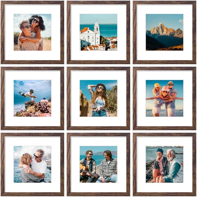 12X12 PICTURE FRAMES SET OF 9 SHATTER RESISTANT PLEXIGLASS DISPLAY 8X8 PICTURES WITH MAT OR 12X12 WITHOUT MAT PHOTO FRAMES FOR WALL MOUNT ENGINEERED WOOD BROWN
