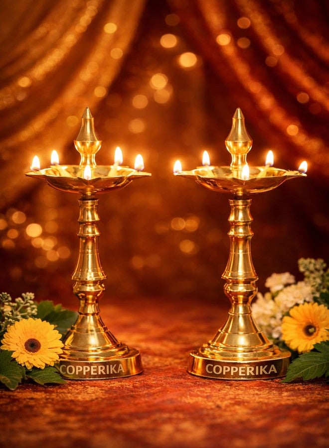 Copperika Premium Brass Diya Kerala Samai 9 Inch (Set of 2) Traditional Oil Lamp Deepak Lamp Kutthu vilakku Panchmahal Deepam for Pooja Mandir Diwali Indian Puja Return Gift for Home Office Temple - Image 1