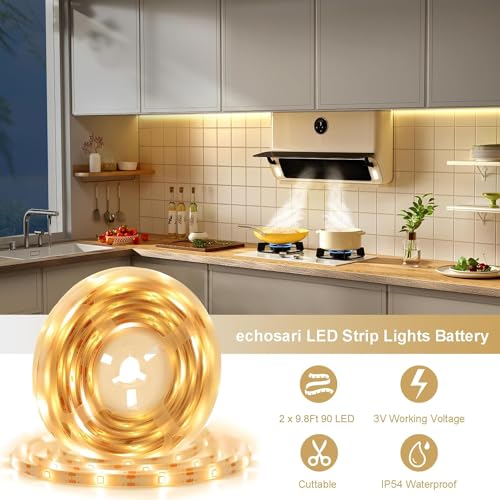 echosari 2 PCS Strip Lights Battery Operated, 16.4Ft 150 LED Strip Lights Self-Adhesive with Remote Timer, Flexible Cuttable Light Strip for Bedroom TV Boat Kitchen Cupboard Decoration (Warm White) - Image 4