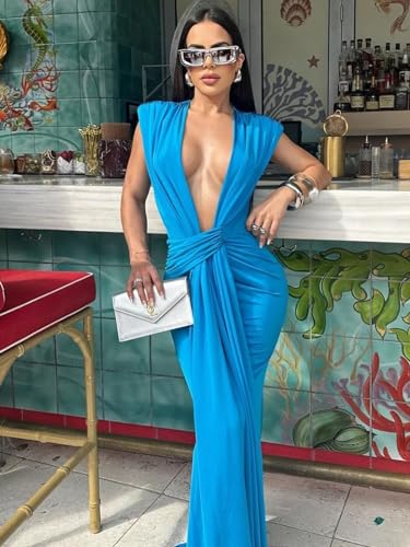 Ekaliy Sexy V Neck Maxi Dresses for Womens Gowns and Evening Dresses Long Formal Dress Wedding Guest Dress Blue L - Image 2