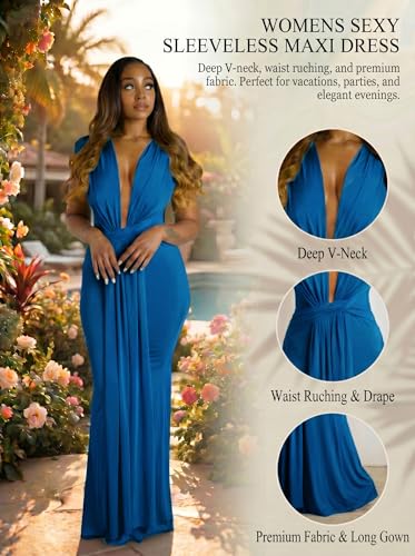 Ekaliy Sexy V Neck Maxi Dresses for Womens Gowns and Evening Dresses Long Formal Dress Wedding Guest Dress Blue L - Image 5