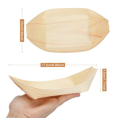 LYHLYA 100 Pcs 7-Inch wood Appetizer Boats - Disposable Wooden Serving Trays for Canapés, Sushi, Snacks - Eco-Friendly Biodegradable Party Plates for Weddings, Birthdays, BBQs & Events - Image 2