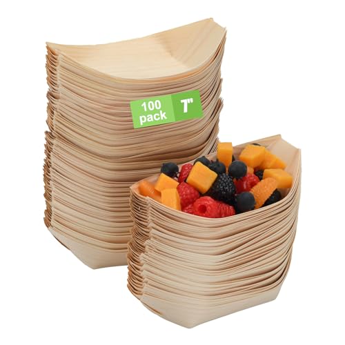 LYHLYA 100 Pcs 7-Inch wood Appetizer Boats - Disposable Wooden Serving Trays for Canapés, Sushi, Snacks - Eco-Friendly Biodegradable Party Plates for Weddings, Birthdays, BBQs & Events - Image 1