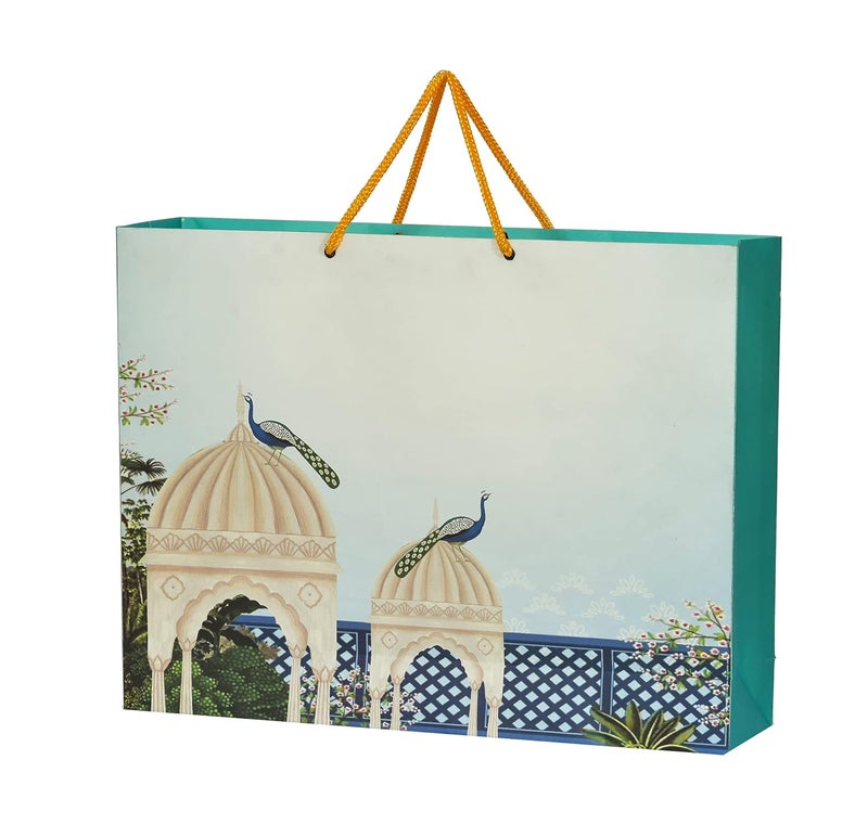 PPJ WEDDING PEACOCK MAHAL BLUE 10 Pcs WEDDING PAPER CARRY BAG 17 Inch X 13 Inch X 4 Inch for DIWALIWEDDINGFUNCTIONBIRTHDAYRETURN GIFTSCHRISTMAS Pack of 10
