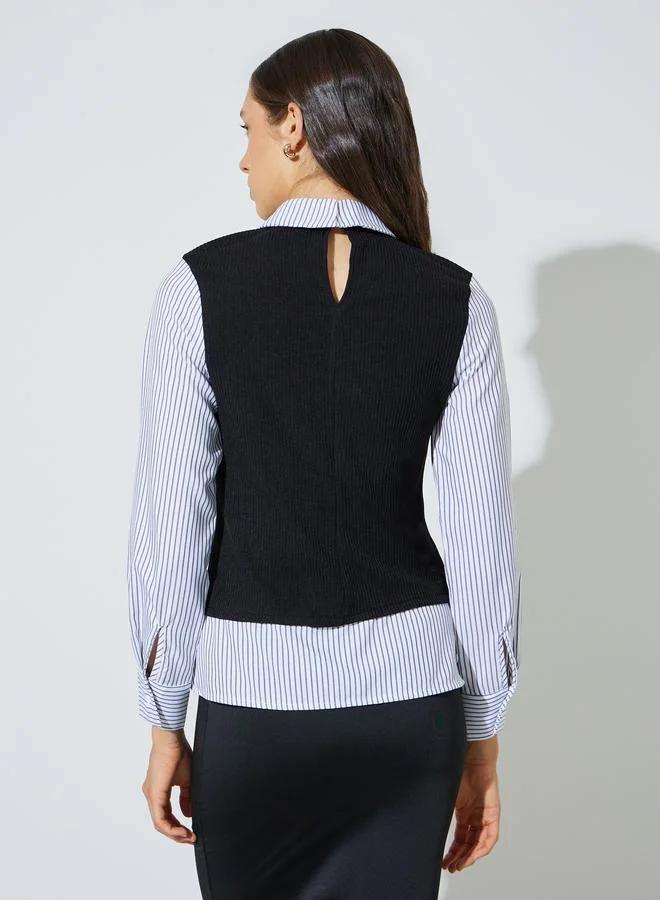 Styli  Black Striped Long Sleeve Shirt with Ribbed Knit Attached Vest for Women | Best Price UAE