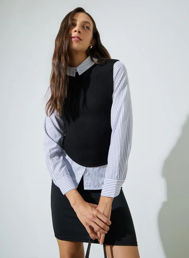 Styli Black Striped Long Sleeve Shirt with Ribbed Knit Attached Vest